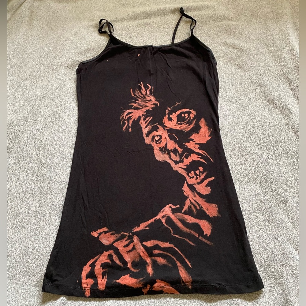 DYI Black and Brown Zombie Graphic Long Tank Top Cami Tee OOAK L